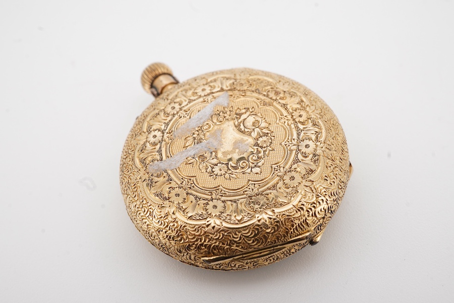 A lady's early 20th century engraved 18k lady's keyless open faced fob watch, with Roman dial, case diameter 32mm, gross weight 26 grams.